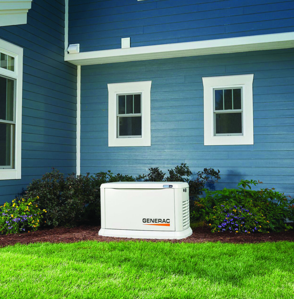generac whole home generator outside blue house